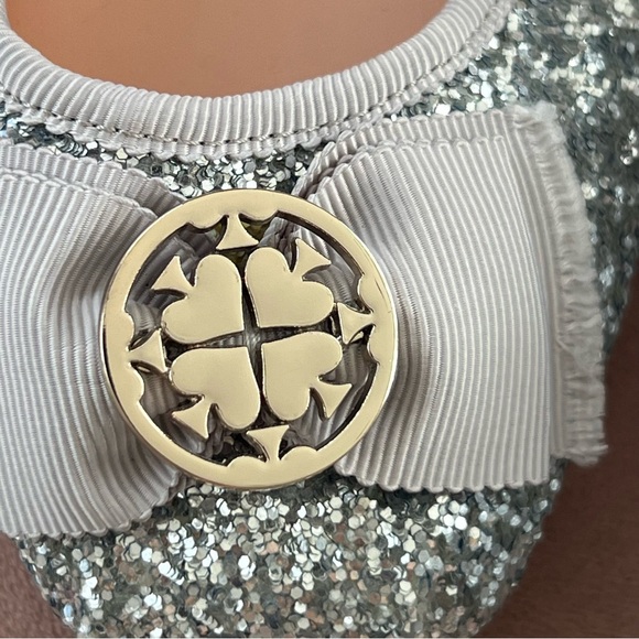 kate spade silver glitter ballet flats with bow and gold medallion - Picture 5 of 7